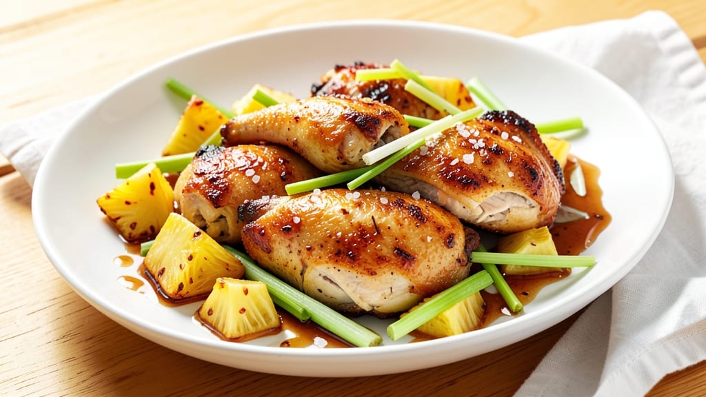 Baked Pineapple Chicken Thighs Recipe: Caramelized Glaze and Crispy Celery Topping