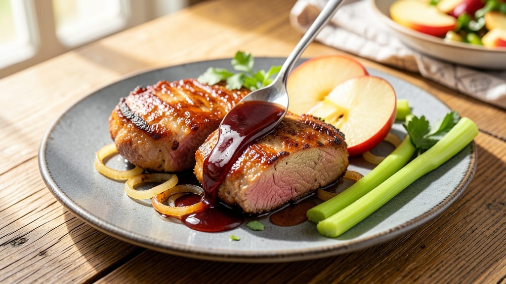 Brown Sugar Bourbon Apple Pork Chops Recipe: Crisp Celery and Caramelized Apple Pan Sauce