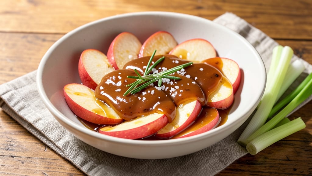 Caramel Apple Slices Dip Recipe: Salted Butter Glaze with Celery Crunch Topping
