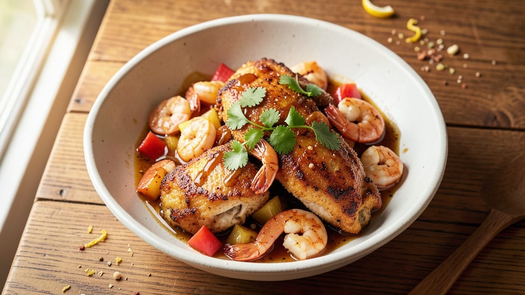 Crispy Pineapple Chicken and Shrimp Recipe: Sweet Tart Glaze with Celery Crunch Contrast